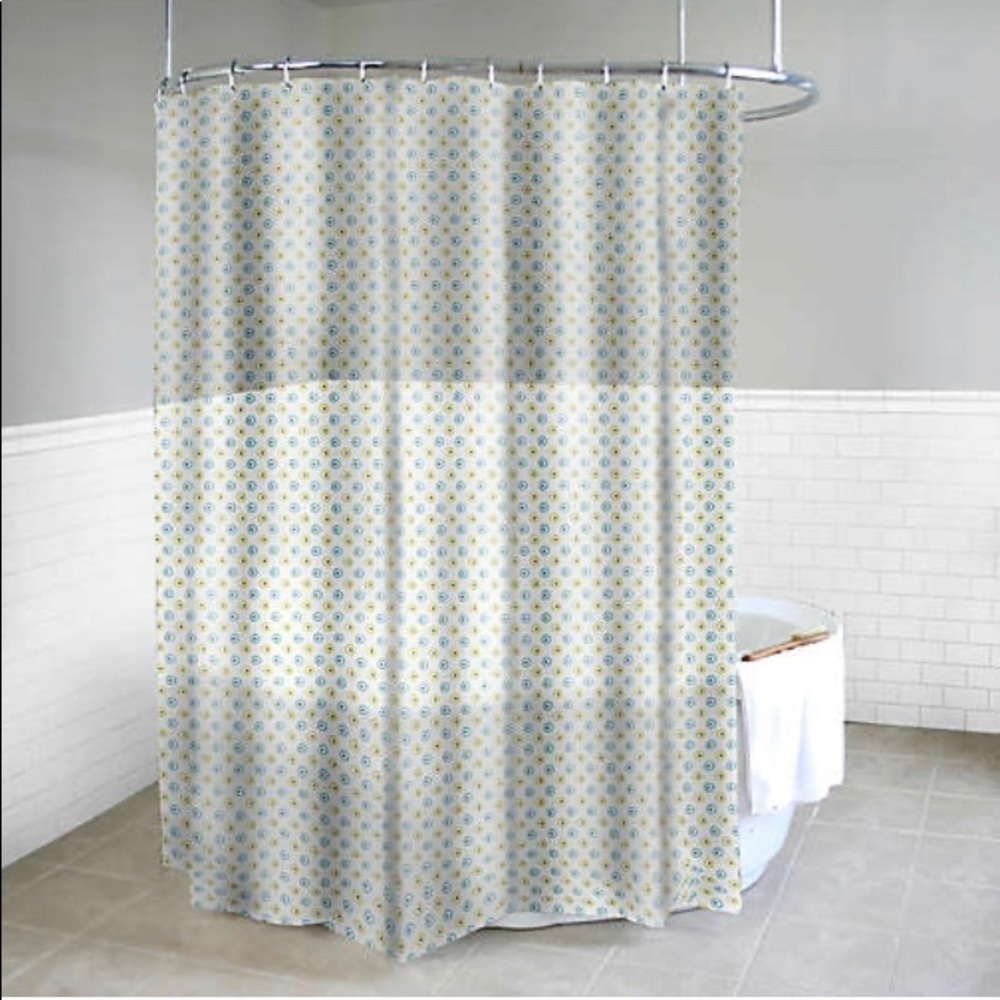 Dot Azure Shower Curtain in Yellow Metal Grommets